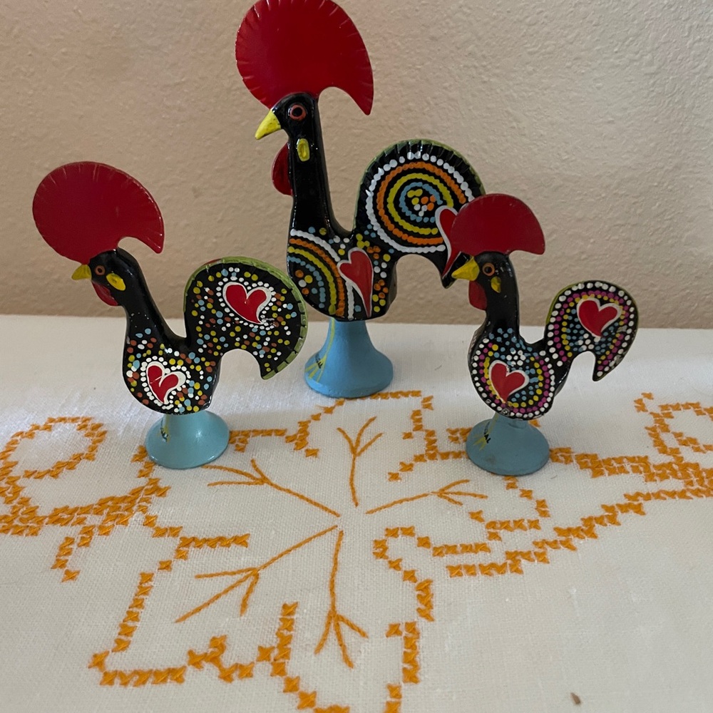 Vintage FolkArt Portuguese Rooster Figurines Set